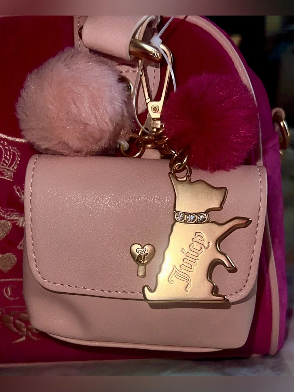 Juicy Couture Hot Pink Velvet Satchel with Pale Pink Trim